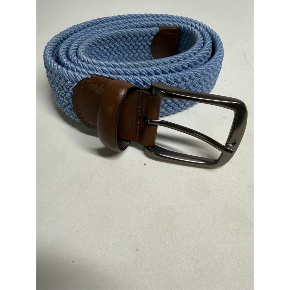 Perry Ellis Mens Webbed Woven Belt Blue Brown Size L 38/40 Leather Trim See Note